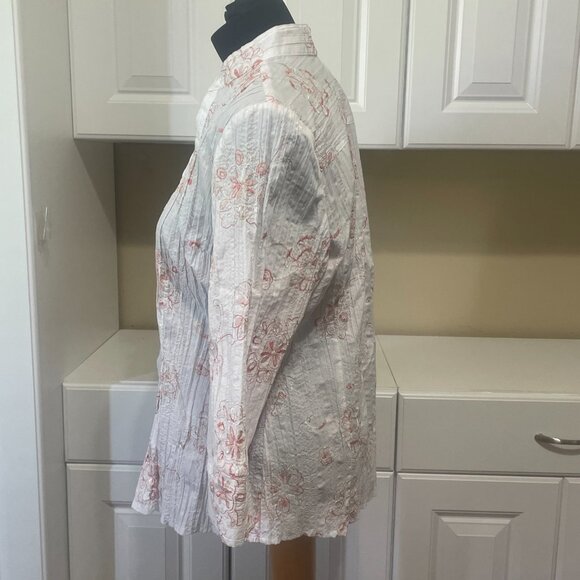 Fred David Womens L Blouse Floral Embroidered Button Front Crinkle Stretch Top - Picture 2 of 13